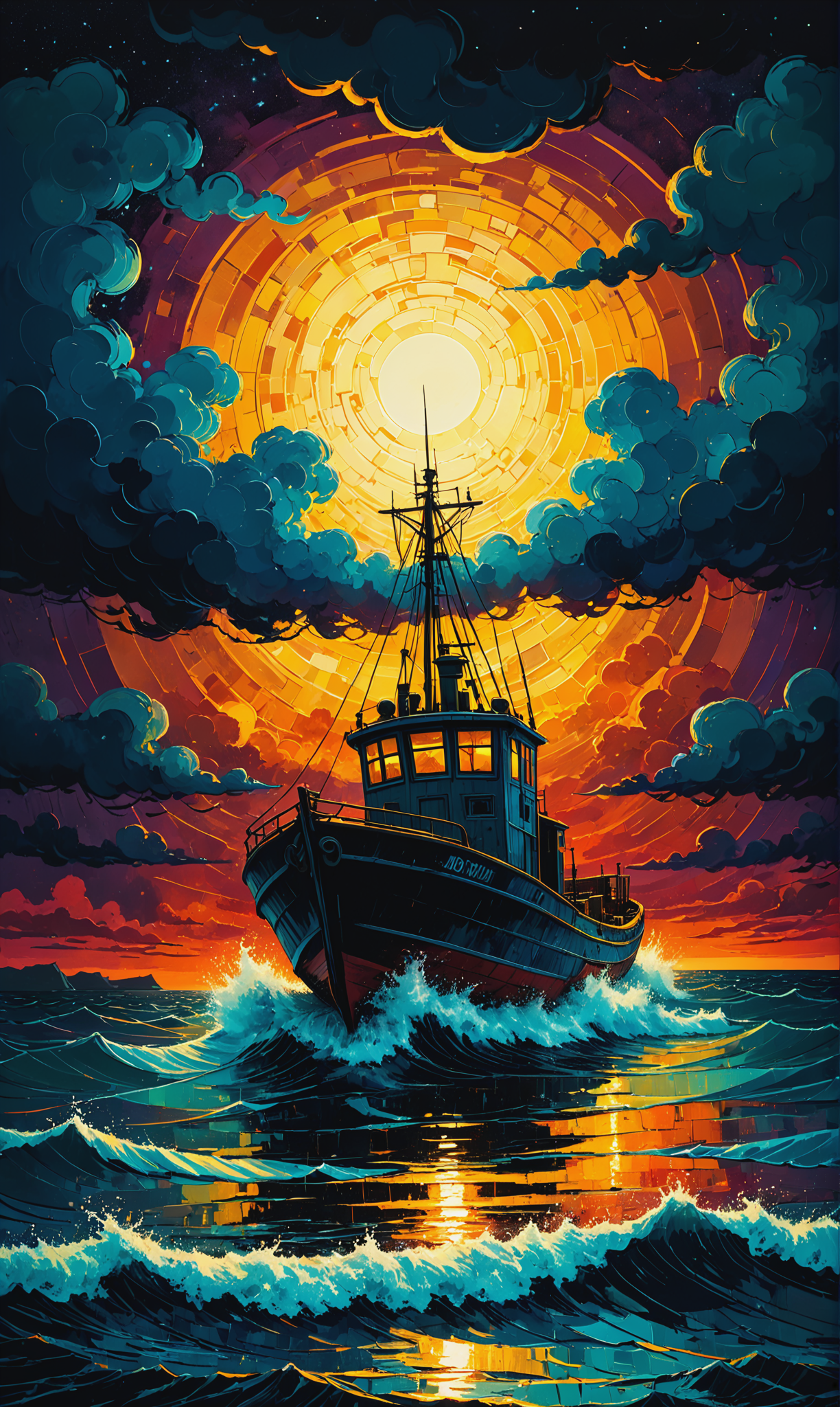 01025-2992614010-Mixed media magic. Artist James R. Eads. Stormy night over the troubled sea. drifting fishing boat, flashes of lightning on the.png